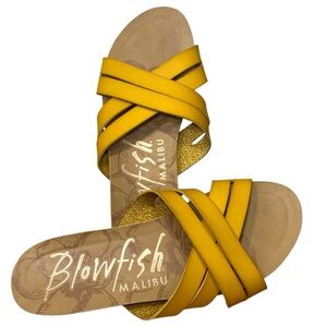 Blowfish Malibu Leather Slide Sandals Mustard Yellow Cross-Strap Sz 7.5 Boho